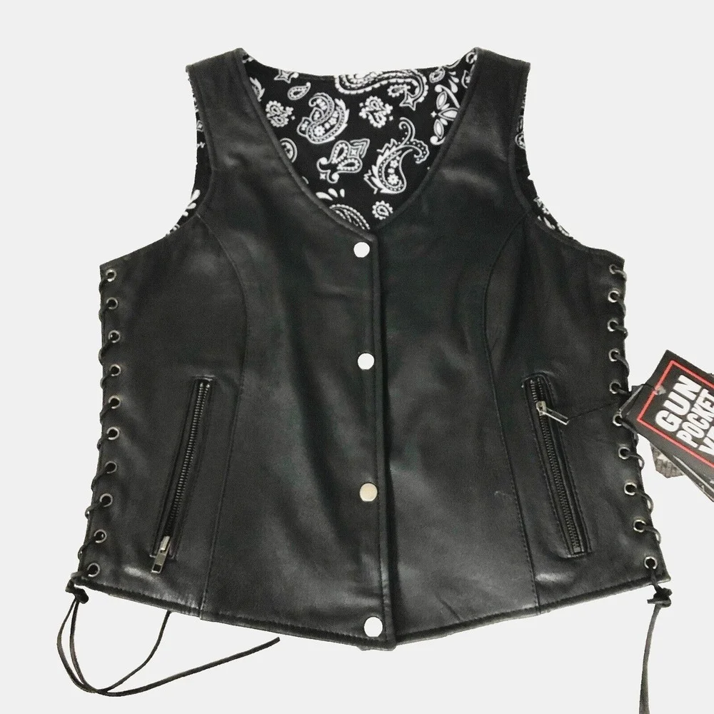 Unik Premium Women Sz M Black Leather Snap Front Vest Side Laces Paisley Liner - Picture 10 of 16